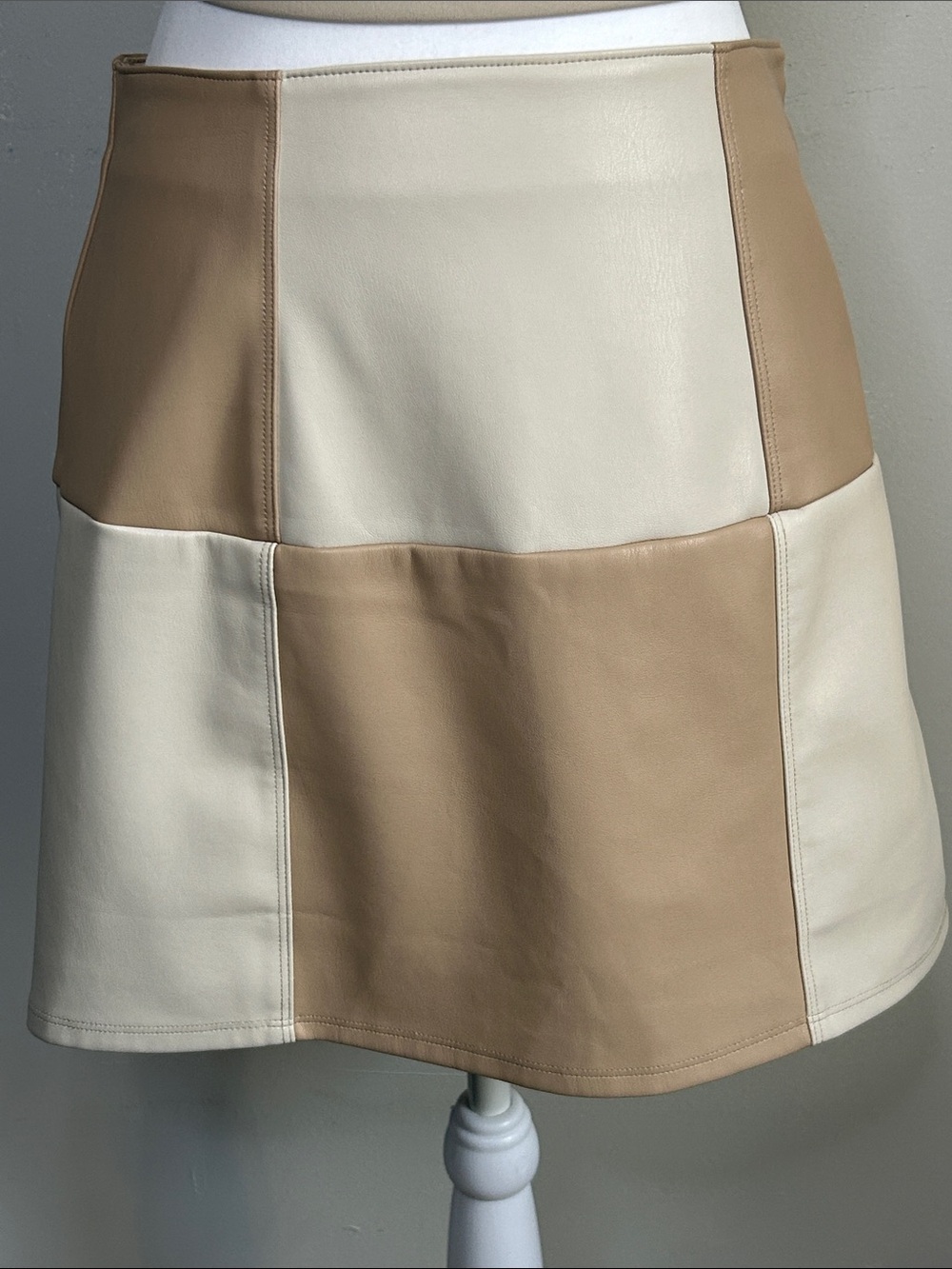 Hollister Cream and Tan Vegan Leather Colorblock Patchwork A-line Mini Skirt